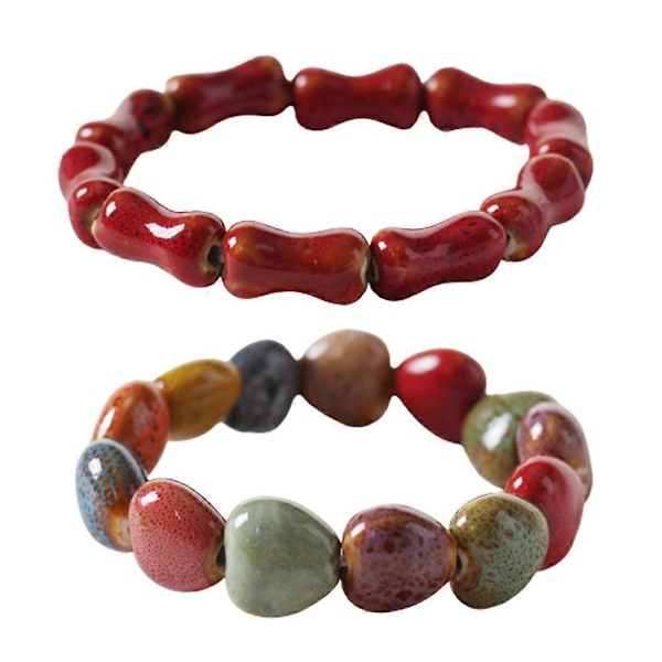 2-pack Armband Färgglad Keramik Enkel Etnisk Stil Variation av Former Elastisk Handkedja För Kvinnor Flickor-Stil 4