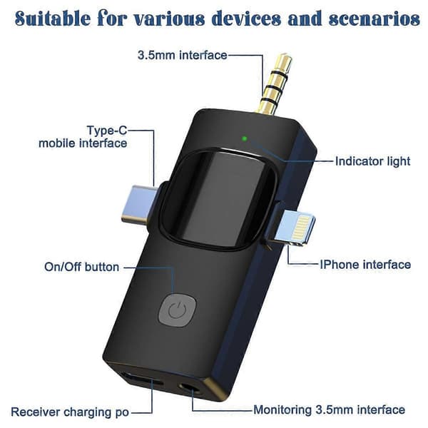 Dobbelt trådløs Lavalier mikrofon til iPhone, Android, kamera, laptop, pc, 3-i-1 trådløs clip-on mikrofon til videooptagelse, Vlog
