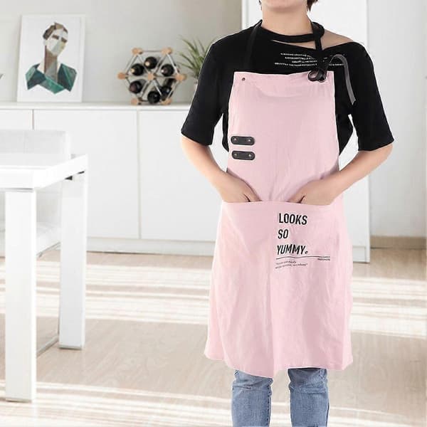Förkläde för vuxna Kök Bomull Linne Café Hem Kök Förkläde med Justerbart Rep (rosa)