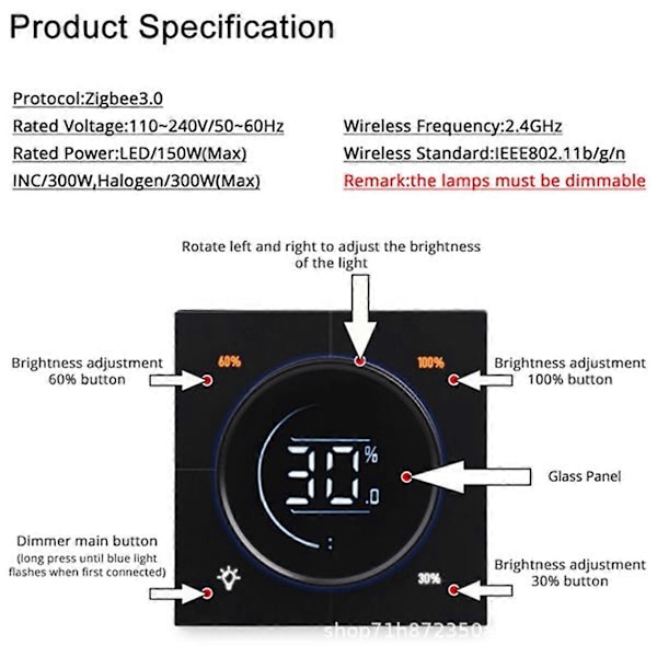 Zigbee 3.0 MOSFET Dimmer, LCD Bakkantsdimmer Svart