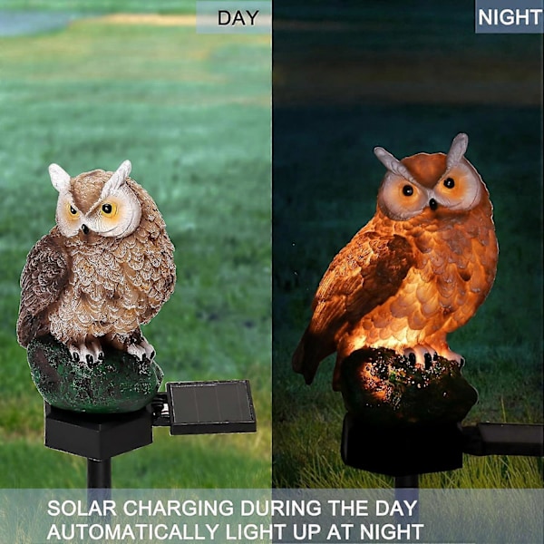 Puutarhan aurinkovalot ulkokäyttöön - Hartsi pöllö aurinko LED puutarhavalot - Vedenpitävä, energiaa säästävä - Pöllön muotoinen maapiikillä
