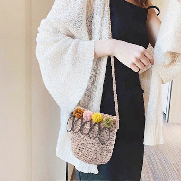 Axelväska Halm Rottingväv Crossbody-väska För Små Flickor (Rosa)