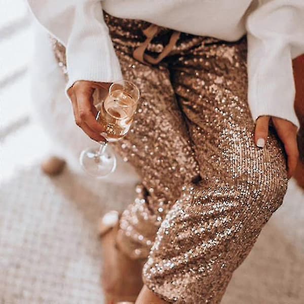 Glitter Sequin Joggebukser til Dame Høy Midje Elastisk Glitrende Bukser black L