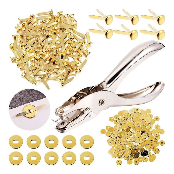 300 stycken 3/4 tums mässingspappersfästen pappersnitar, och 300 stycken pläterade mässingsbrickor med hålslag guld, 20 mm