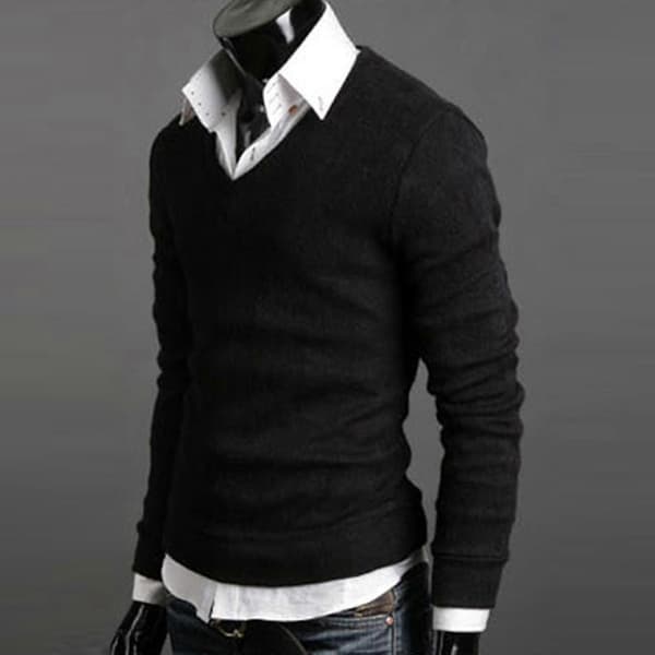 Herre Ensfarget V-hals Strikket Genser Black L