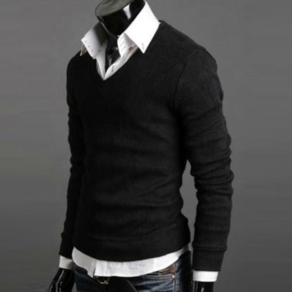 Herrtröja enfärgad V-ringad stickad tröja Black M