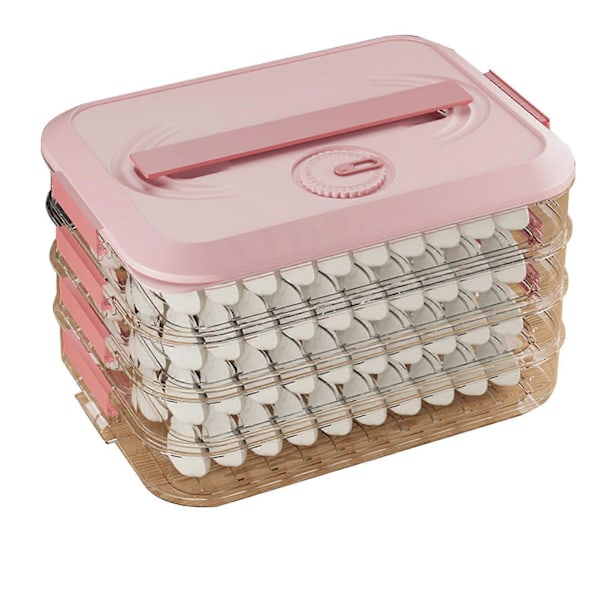 Opbevaringsboks til dumplings med håndtag, fødevaregodkendt BPA-fri non-stick stabelbar snackbeholder med låg, madopbevaringskasse Pink Four Layer