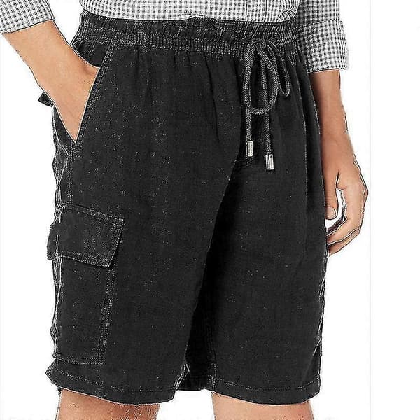 Elastiske fritidsshorts i bomulls- og linstoff for menn med snøring, ensfarget black L