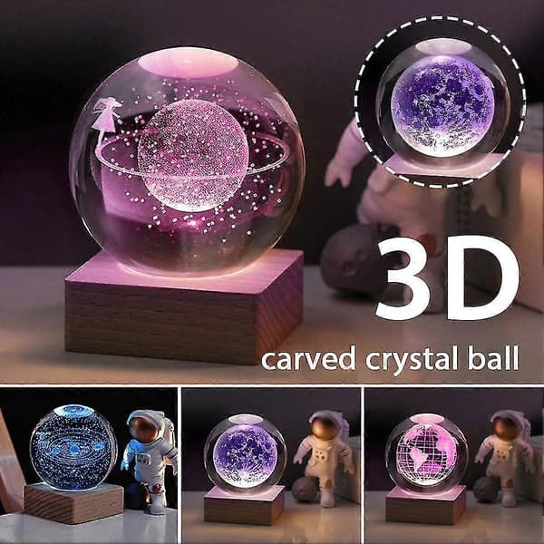 3D Krystallkule Nattlys Dekorlampe Gravert Solsystem Glasskule Modell Dekor Astronomigave Til Barn Solar System 6cm