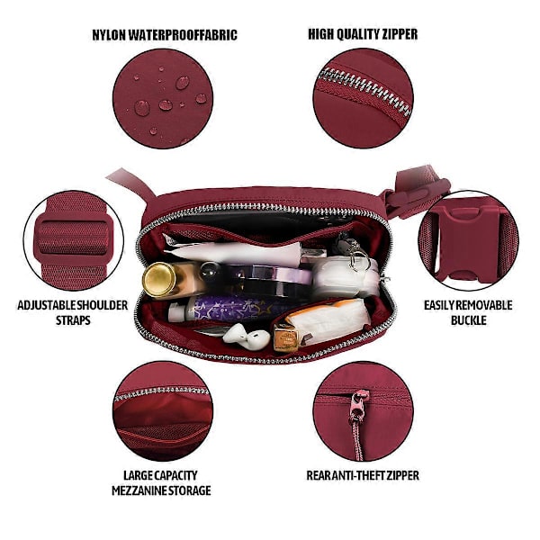 KXJ-Bältesväska för Kvinnor Trendiga Magväskor Crossbody Väska Midjeväska för Vandring Promenader Cykling Resor Burgundy