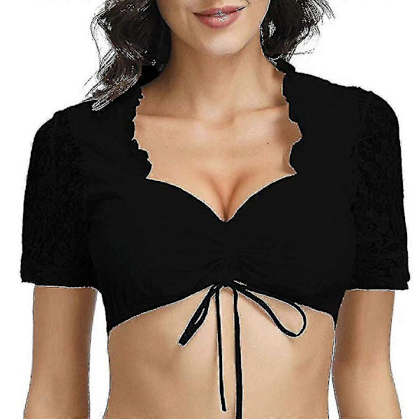Elegant Dirndl Bluse til Kvinder, Sort Dirndl Bluse, Blondebluse til Oktoberfest Black L