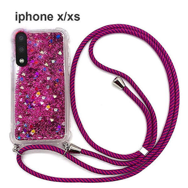 Kompatibelt med Iphone X/Xs Glitter Flytande Skal med Snodd, Glittrigt Blankt Transparent TPU-skal med Halsrem (Rosa)