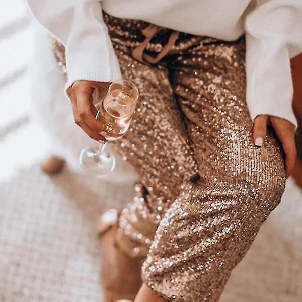 Glitter Sequin Joggebukser til Dame Høy Midje Elastisk Glitrende Bukser black S