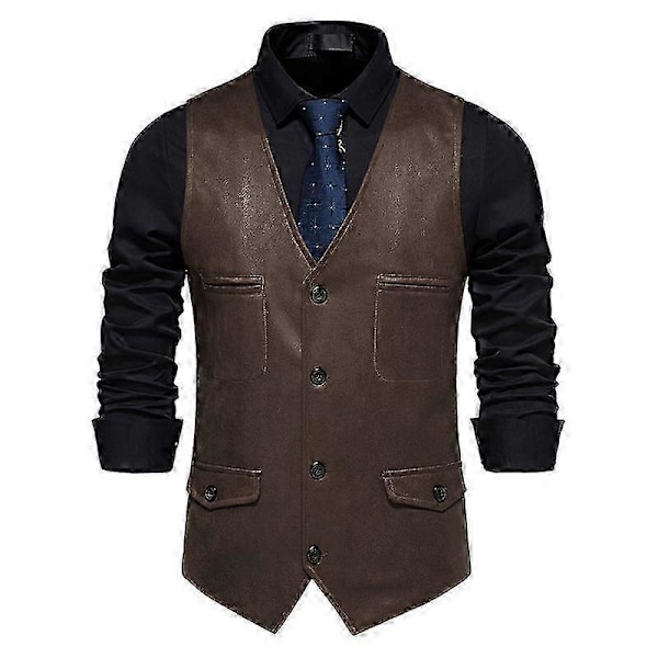 2025 Läder Västar för Män, Casual Väst i Westernstil, Lätt V-ringad Brown 2XL