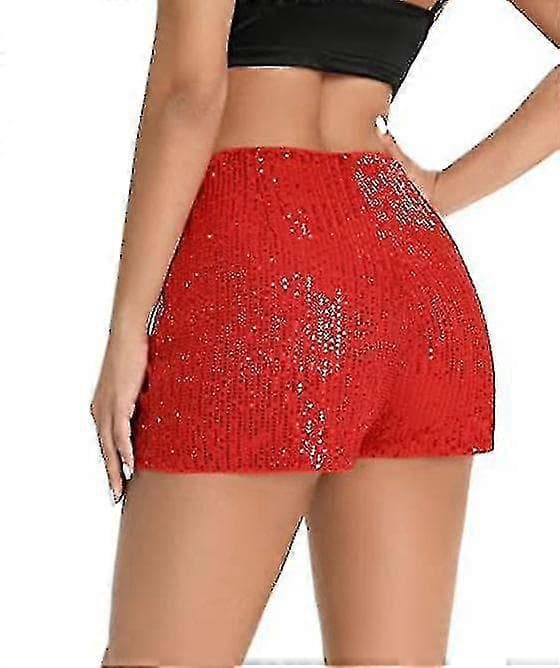 Dame Paljetter Høy Elastisk Midje Rett Ben Shorts Solid Glitter Party Shorts Red L