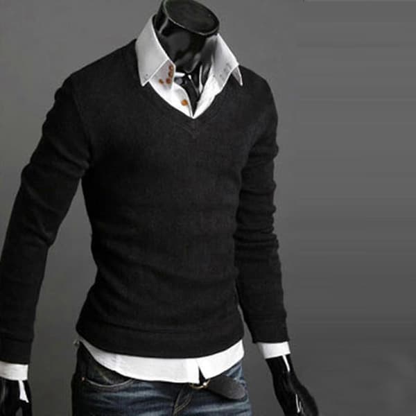 Herre Ensfarget V-hals Strikket Genser Black 2XL