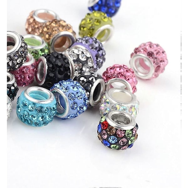 Rhinestone Glas Europeiska Pärlor Polymerlera Stort Hål Slide Kristallberlocker med Silverfärgade Mässingskärnor Blandade Färgdistanspärlor Passar