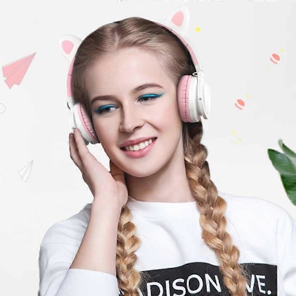 Bluetooth Hörlurar Kattöron LED Trådlösa Vikbara Over Ear Hörlurar - Vit