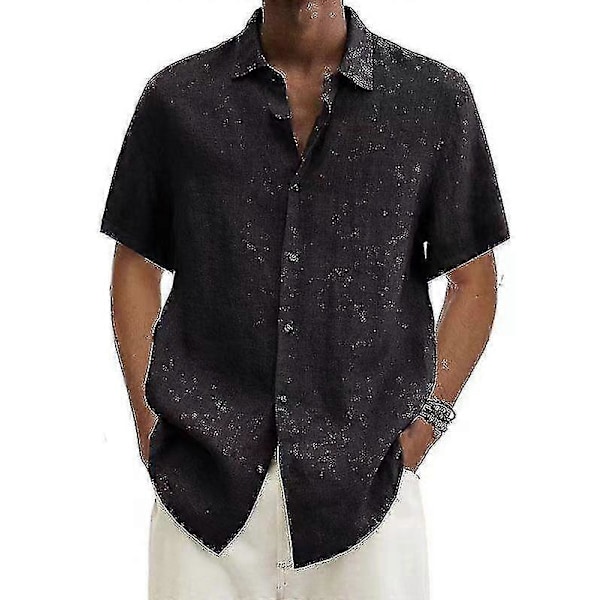 2025 Bomulls- och linneblus Sommar Herr Nedvikt Krage Kortärmad Knapp Lös Blus Toppar Oversized S-5xl black 4XL