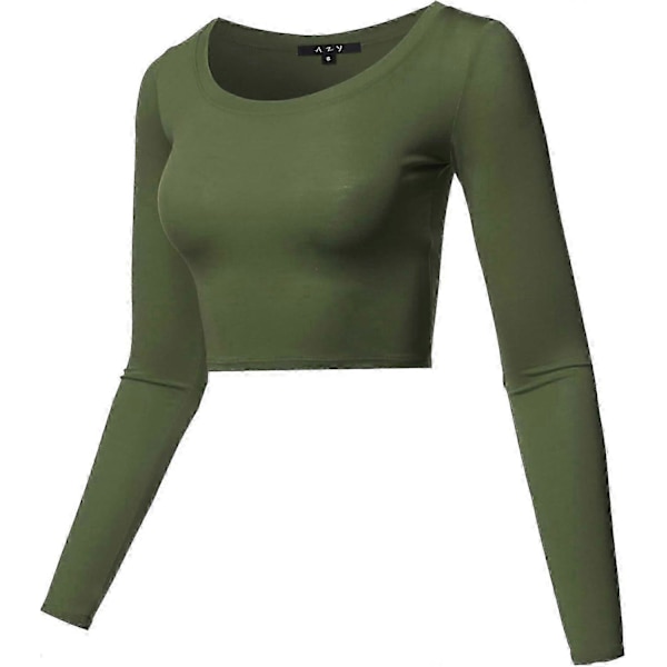 Basic, ensfarget, elastisk crop top med rund hals og lange ermer for kvinner Rayon - Olive Medium
