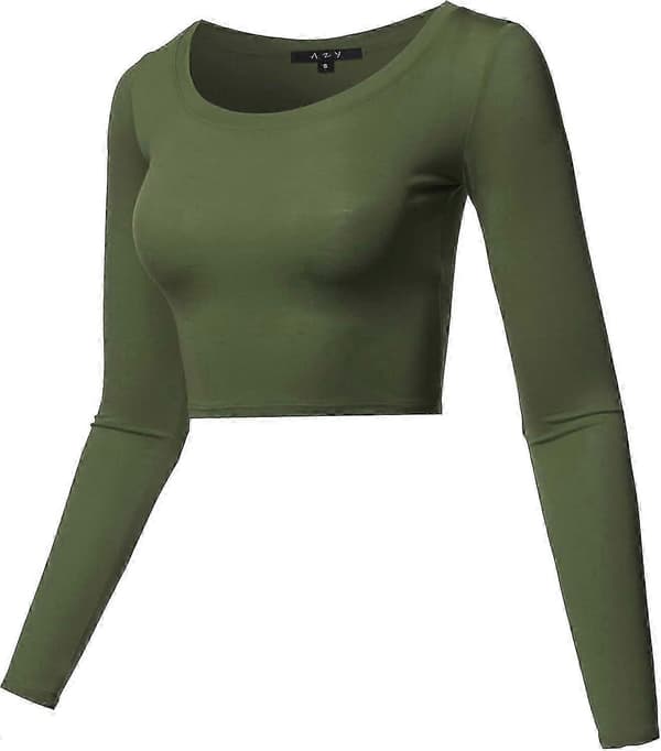 Basic ensfarvet stretch top med rund hals og lange ærmer til kvinder Rayon - Olive Large