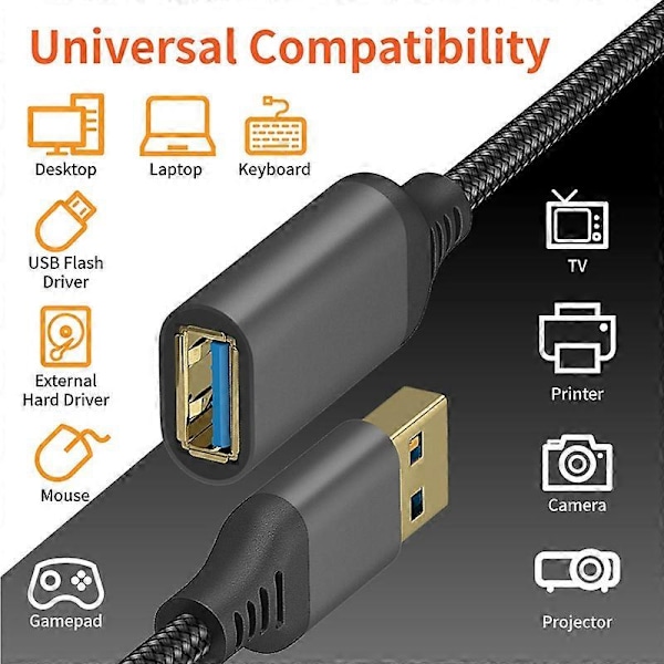 USB Förlängningskabel Brett Kompatibel Höghastighetsöverföring Flätad USB3.0 Hane till Hona Förlängningskabel för Laptop Grey 2M
