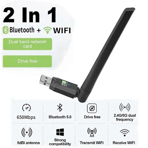 600 Mbps USB BT 5.0-adapter 2,4G 5 GHz Wi-Fi-antenn Dualband 802.11ac