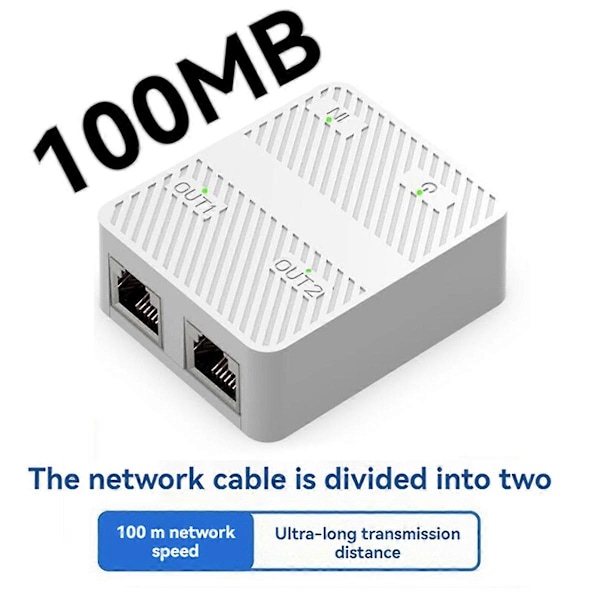 2 Port 100Mbps Netværk Switch RJ45 Netværkskabel Splitter Hvid