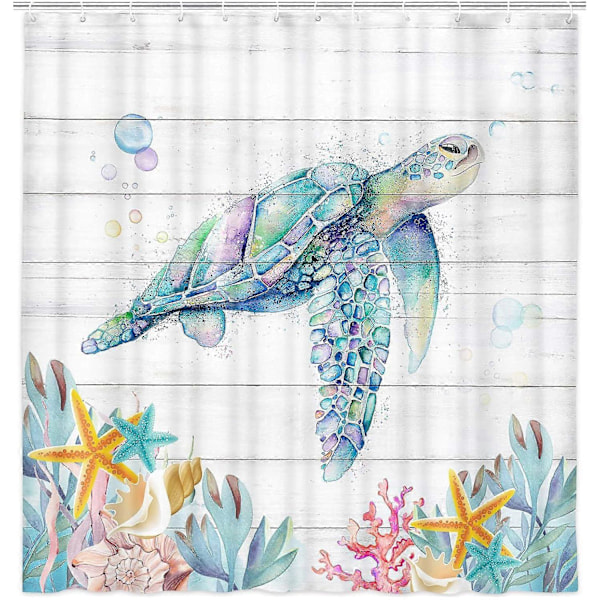 Rustikt badeværelsesforhæng med havskildpadde, kysttræplanke, strandskildpaddeforhæng med 12 kroge (183 cm B x 183 cm L)