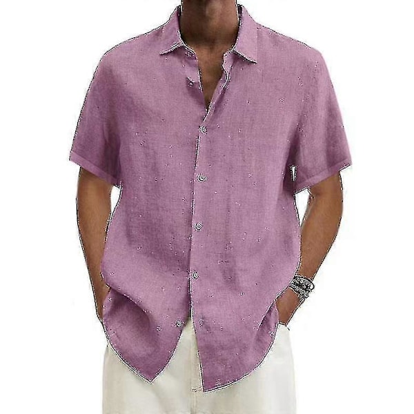 2025 Bomulls- och linneblus Sommar Herr Nedvikt Krage Kortärmad Knapp Lös Blus Toppar Oversized S-5xl pink 4XL