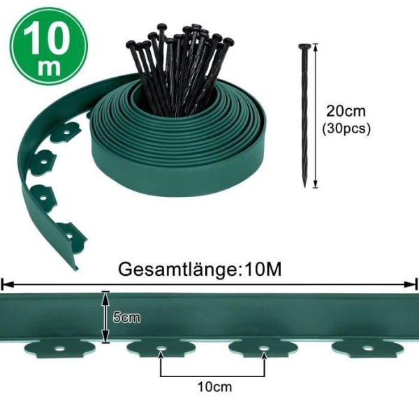 LILIIN Gräsmattekant i plast 10mx5cm med ankare för förankring, anti-rotsystem (10 m, grön)
