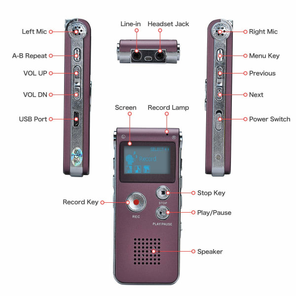 Kannettava digitaalinen äänen tallennin äänen tallennin diktafon LCD-tallennin MP3-soitin - 8 Gt (viininpunainen)