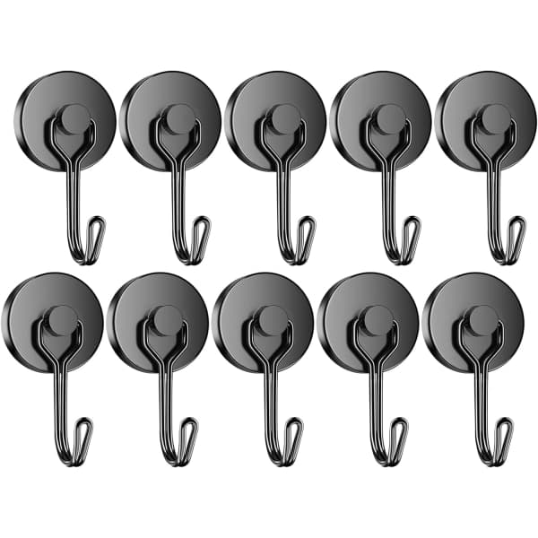 Black Magnetic Hooks 35 LBS Heavy Duty Neodymium Magnet Hooks Size 10-Pack