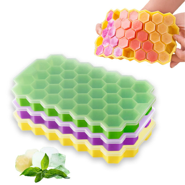 Isbitsform, 3-pack silikonisformar med stapelbara lock, enkel lossning av silikon och varje form gör 37 hexagonala isbitar