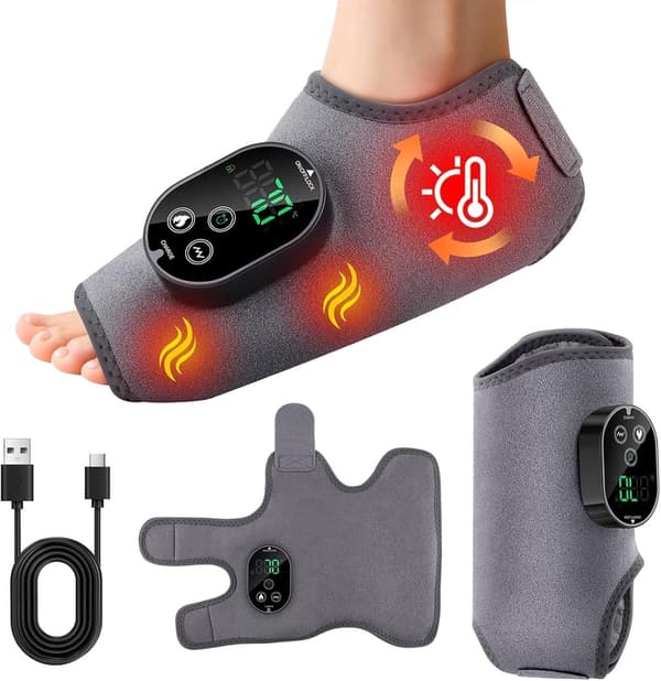 Fodmassager med varme og vibration, trådløs genopladelig kompressionsindpakning til smertelindring og cirkulation, grå