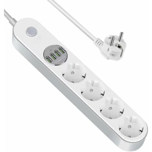 Ylijännitesuoja pistorasia 4 pistorasialla ja 4 USB-portilla - Suoja ylikuormitusta ja ylijännitettä vastaan, kytkin, 2 metrin kaapeli