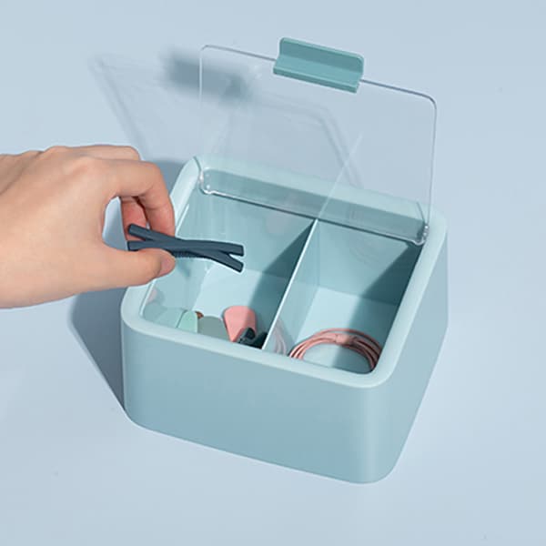 Blue Plastic Dustproof Double-Layer Makeup Storage Box with Lid for Cosmetics Cotton Swabs Dental Floss