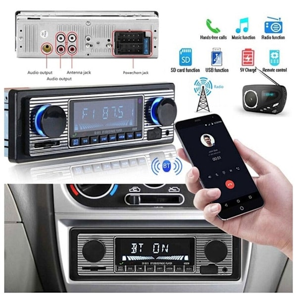Vintage Bluetooth Bilstereo MP3-afspiller Audio FM Aux USB Modtagelse