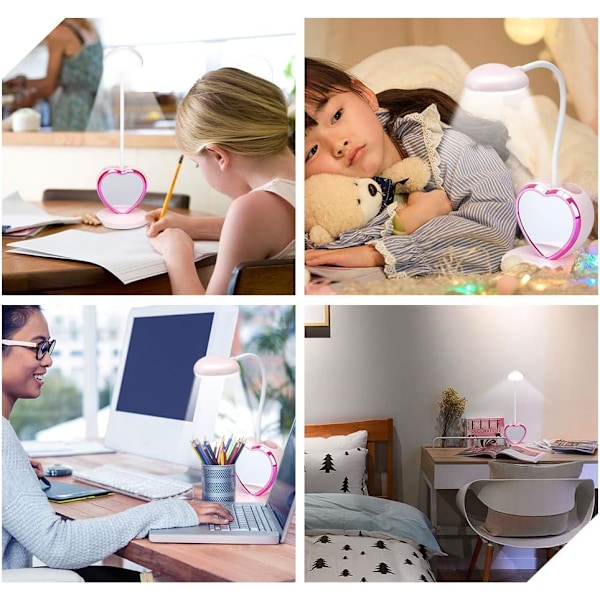 Flicklampe for jenter til studenthybel, liten skrivebordslampe med USB-lading