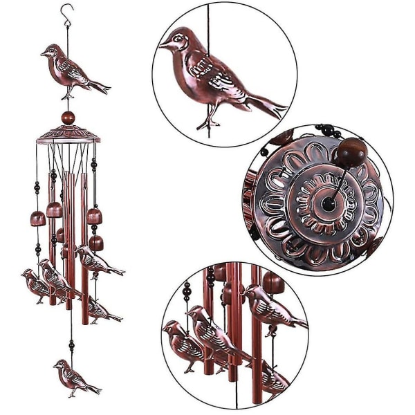 Fågel vindspel metall med 4 aluminiumrör 6 klockor för hemmet