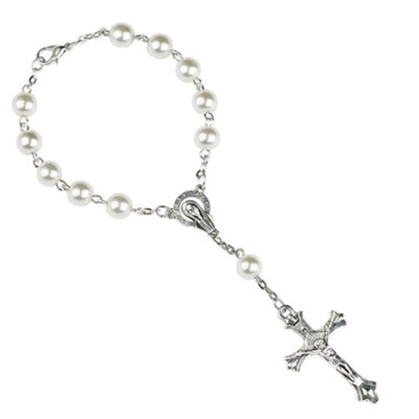 Katolsk rosenkrans armband vitt imitationspärla Kristus kors Jesus Vår Fru armband krucifix gudomlig barmhärtighet gåva