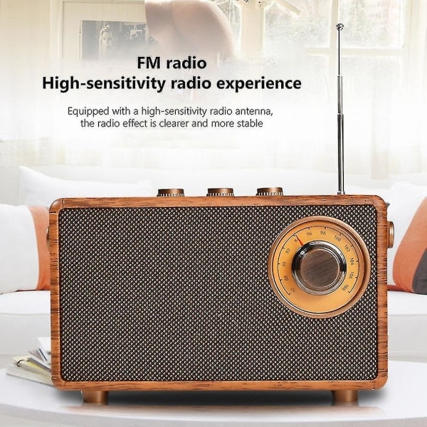 Retro FM-radio, bärbar trä Bluetooth-radio, bashögtalare, handsfree MP3-spelare, stöder USB/TF-kort