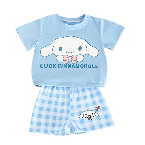 Børnepiger Kuromi Melody Cinnamaroll T-shirt Tartan Shorts Pyjamassæt Nattøj Blå 110cm