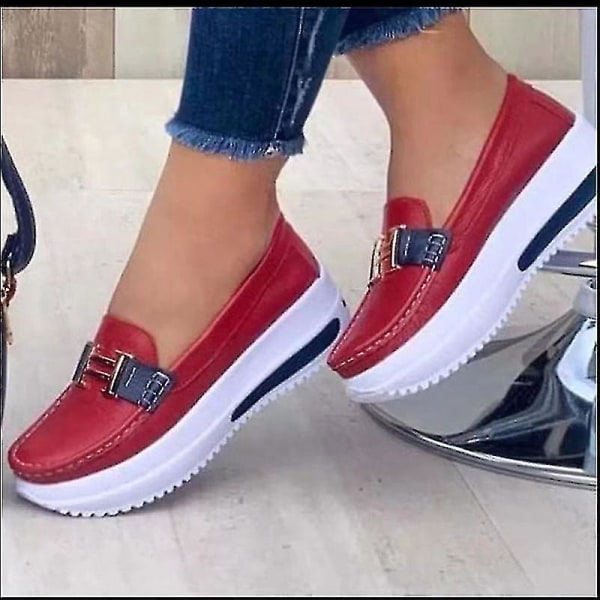 Bekväma plattform Loafers för kvinnor Casual Flat Pu Walking Skor Vintage Red 37