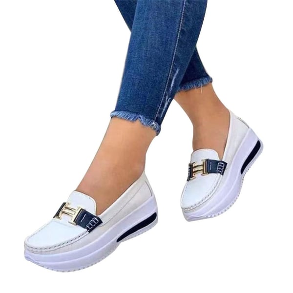 Bekväma plattform Loafers för kvinnor Casual Flat Pu Walking Skor Vintage White 40