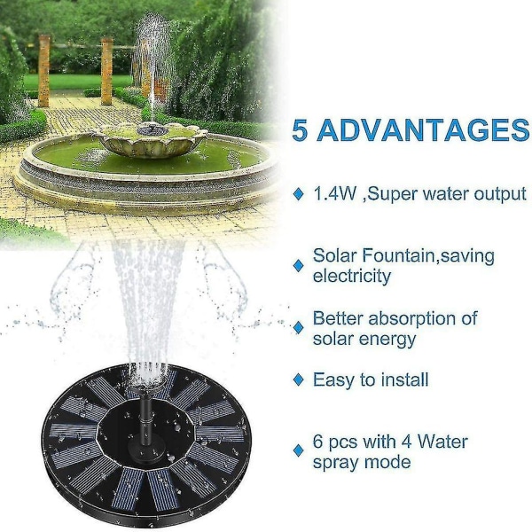 Solar Fountain, 1,4w Solar Pond Pump med 4 effekter | Max 70 cm höjd solvattenpump | Solar flytande fontänpump