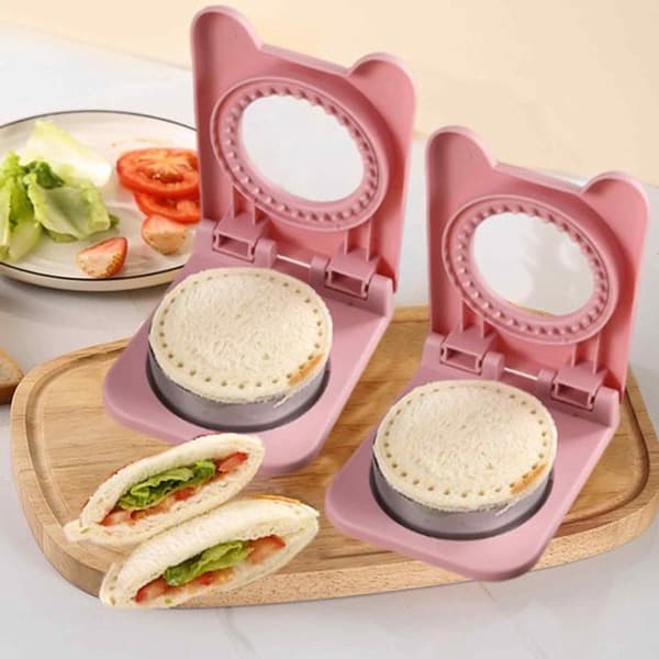 Sandwichforsegler og -kutter med rustfritt stålblad og avtakbar design for barnelunsjer, rosa rund form
