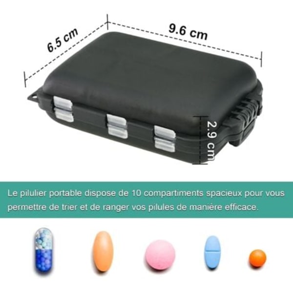 TS-Pillerask, Rese Medicinbox med 10 Fack, Mini Tablettask, Pillbox (Svart)