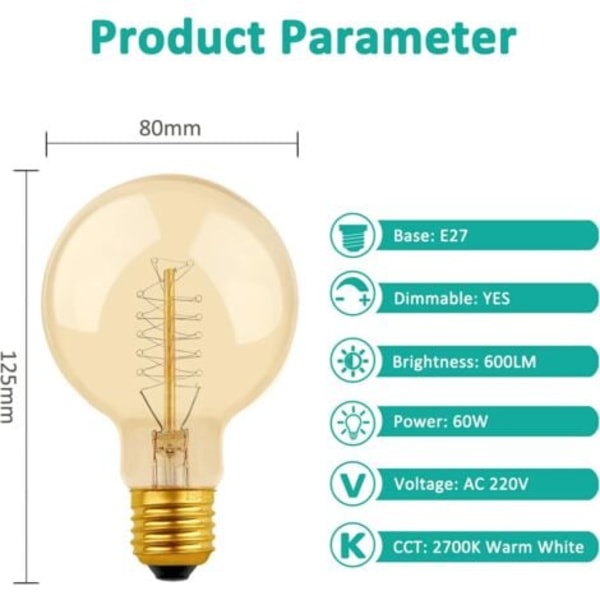 TS-Ampoule Vintage Globe G80 E27 Himmennettävä 60W Lämmin Valkoinen 2700K, 600lm, Retro E27 Hehkulamppu Koristevalaisimet Kierre Volframi Filamentti Lamppu