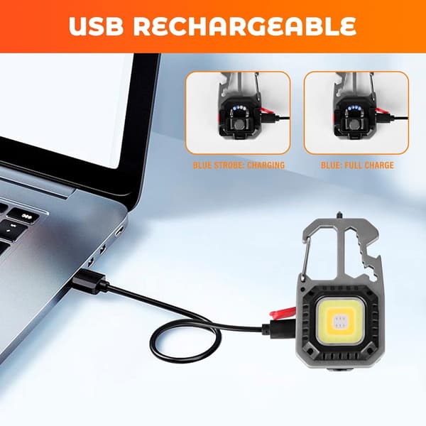 LED nøkkelringlommelykt, USB oppladbar multifunksjons arbeidslampe med magnet, flaskeåpner, vindusknuser for camping, grå 1 pack